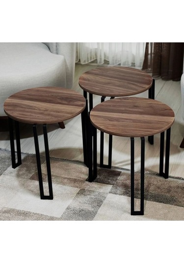 Fbt Üçlü Sehpa Servis Sehpasi Ceviz Mdf Lam Kaplama Tabla Siyah Metal Ayak Siyah