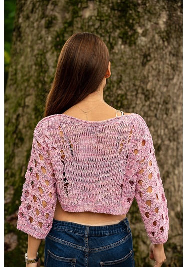 Verdeblanco Yırtık Detaylı Örme Crop Top Toz Pembe