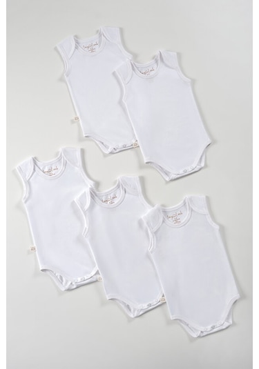 Tinylamb Bebek Atleti Beyaz Renk Bebek Bodysuit Kolsuz Set - 5 Parça