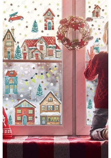 MSticker Yılbaşı Çift Yön Görünümlü Şeffaf Karlı Şehir Yeni Yıl Çocuk Bebek Odası Sticker Seti