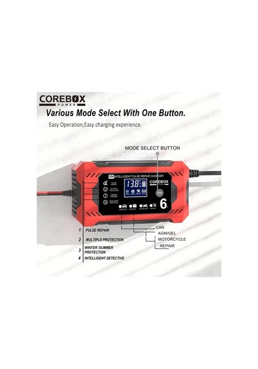 Chuangyinshop Red 12v 6a Corebox Akıllı Akü Şarj Cihazı Lcd Ekran Araç Kamyonet Motosiklet Aküsü