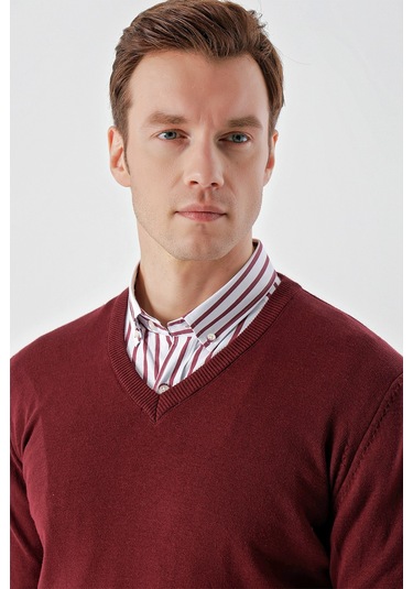 Morven Erkek Koyu Bordo Basic V Yaka Dynamic Fit Rahat Kesim Triko Koyu Bordo