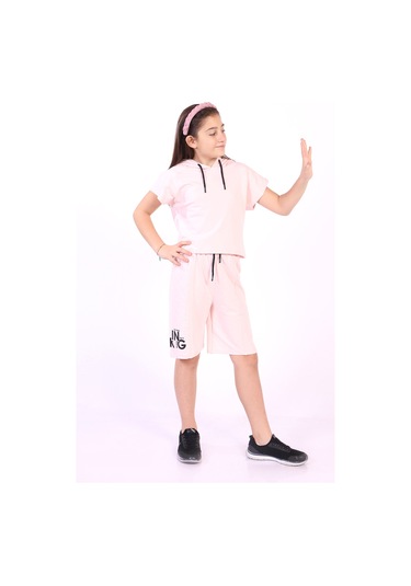 Toontoy Kız Çocuk Yazı Baskılı Şortlu Takım Pudra