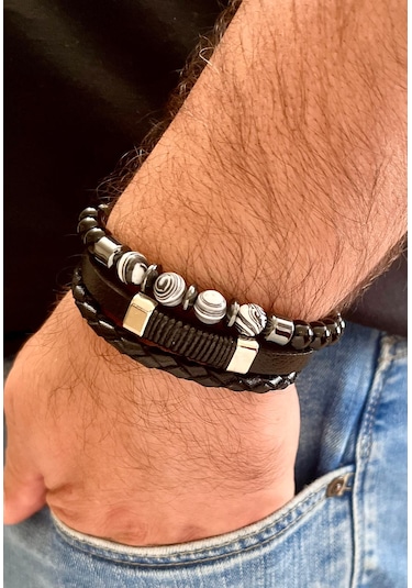 %100 Deri&hematit 3lü Erkek Bileklik Set 22 Cm Türk El Yapımı