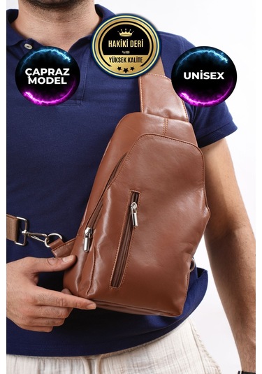 Unisex Taba Hakiki Deri Çapraz Badybag Omuz Ve Göğüs Çantası Usb Çıkışlı Taba