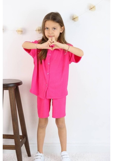 Gömlek Oversize Kız Şort Takım Canlı Fuşya