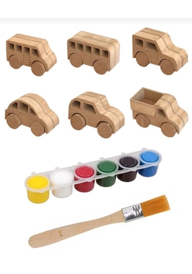Ahşap Oyuncak 6 Araba Seti 6 Boya Seti Ve Fırça Hediyeli