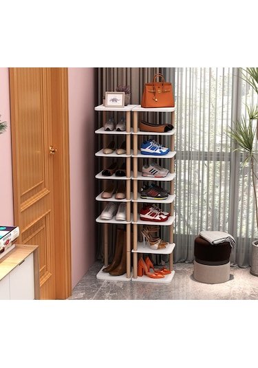 7 Katlı Ayakkabılık Yedi Bölmeli Ayakkabı Organizeri Dekoratif Ayakkabı Rafı Beyaz