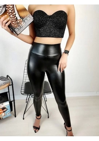 Mary Lüx Vogsing 575 Deri Yüksek Bel Tayt Siyah