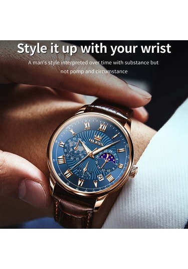 Olevs 2893 Erkekler Çok Fonksiyonlu İş Kuvars Saati Kahverengi + Mavi