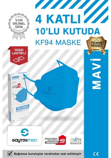 Kf94 Kore Tipi 4 Katlı Mavi Maske, Uv Steril 10 Adet/1 Kutu