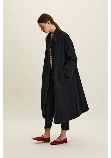 Kemerli Oversize Gabardin Trençkot Siyah Siyah