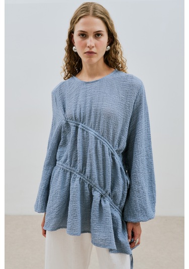 Büzgü Bağlamalı Dokulu Tunik Mavi Mavi