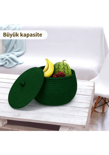 Mutfak, Banyo Ve Ev İçin Halat Hasır Sepet 17x21 Cm Kapaklı Saklama Sepeti Honeypot Yeşil