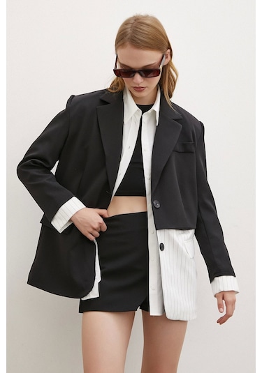 Never More Çizgi Detaylı Çift Düğmeli Blazer Ceket Beyaz Beyaz