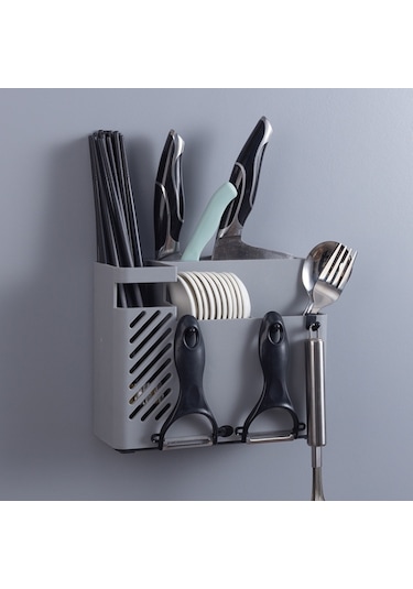Duvara Monte Çok Fonksiyonlu Kaşık Bıçak Tutucu Gri
