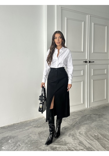 Kadın Ucu Kesik Ön Yırtmaç Kot Etek Si Yah