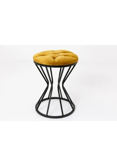 Metal Ayaklı Lüks Puf Tabure Kara Inci Hardal