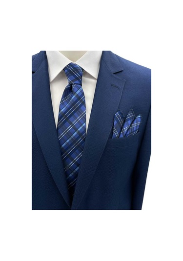 Brianze Mavi - Beyaz Ekose Desen Kravat Mendil Set Mavi