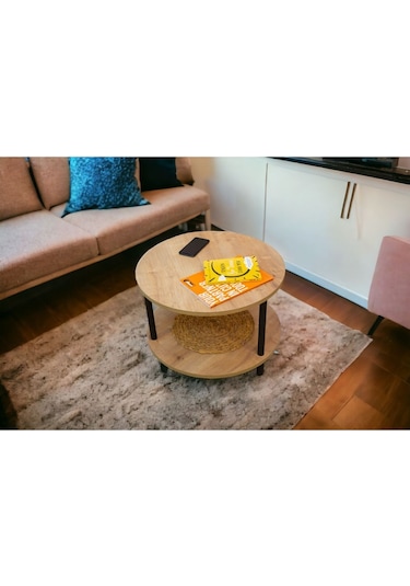 Yüksek Kalite Orta Sehpa 2 Raflı Ahşap Ayaklı Yuvarlak Gazetelikli Dekoratif Lüks Sehpa Safir Meşe