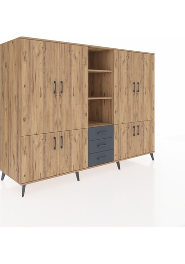 Kronos Dolap 11 Raflı 3 Çekmeceli 8 Kapaklı 220x59x163 Çam-çam/an Çam-çam/antrasit