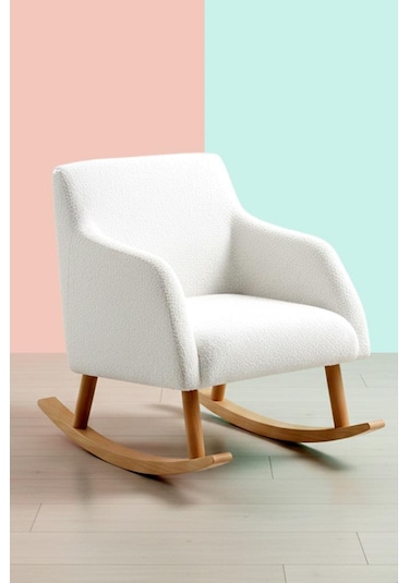 Loop Sallanan Sandalye Ve Puf Seti Ekru Teddy Kumaş Ahşap Ayaklı Berjer - Sallanan Koltuk Puf Beyaz