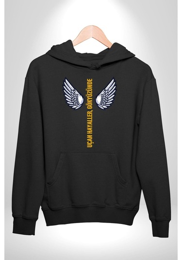 Uçan Hayaller Gökyüzünde Melek Kanatları Kadın Erkek Siyah Kapüşonlu Sweatshirt Hoodie Siyah