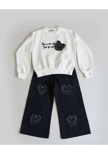 Kalp Nakışlı Ve Püskül Detaylı Beyaz Sweatshirt Siyah Palazzo Jean Kız Çocuk Takımı Beyaz