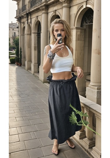 Kadın Giyim Yeni Sezon Bel Detaylı Balon Etek Maxi Box Siyah Renk Siyah