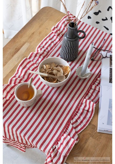 Kırmızı Çizgili 40x125 Cm Vintage Fırfırlı %100 Keten Pamuklu Amerikan Runner Bej