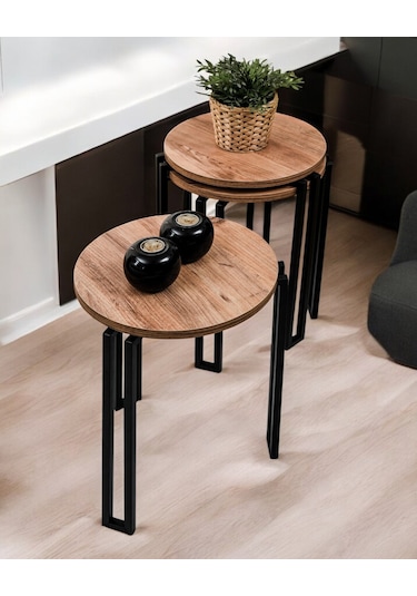 3 Lü Zigon Sehpa Metal Ayaklı Çam Ahşap Yuvarlak Misafir Sehpası