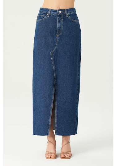 Koyu Mavi Yüksek Bel Patı Fermuarlı Yırtmaçlı Etek Ucu Kesik Maxi Jean Etek C 4532-051 Koyu Mavi