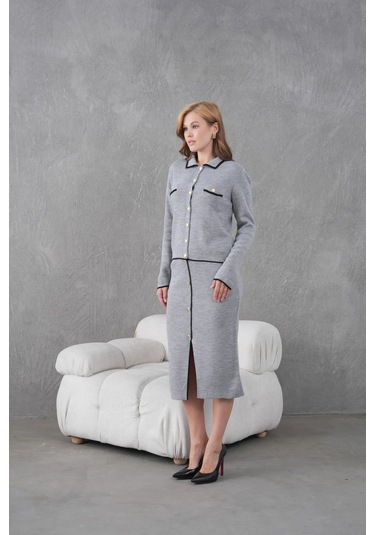Kadın Polo Yaka Düğme Detay Ceket Uzun Etek İkili Triko Takım Gri