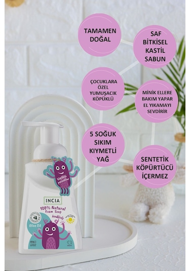 INCIA %100 Doğal Köpük Kastil Sabunu Çocuklar İçin Zeytinyağlı 10 Bitkisel Değerli Yağ 200 ml X2 Adet