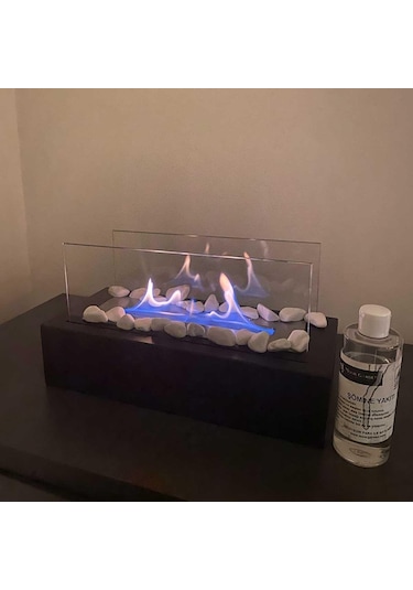 Reyo Faralya Metal Siyah Bioethanol Masaüstü Şömine Sertifikalı Yakıt Ve Taş Hediyeli