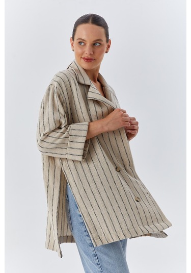 4550 Kadın Yanları Yırtmaçlı Keten Uzun Ceket Naturel Naturel