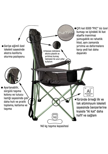 Platan Chair Ones-lp Hafif Katlanır Kamp Piknik Sandalyesi - Kolt Gri - Yeşil