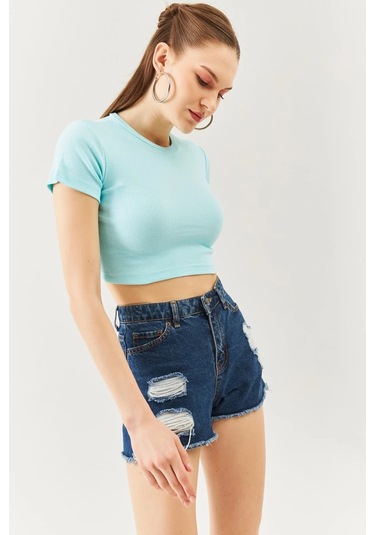 Kadın Kısa Kol Bisiklet Yaka Vücuda Oturan %100 Pamuklu Kaşkorse Esnek Crop Bluz Aqua