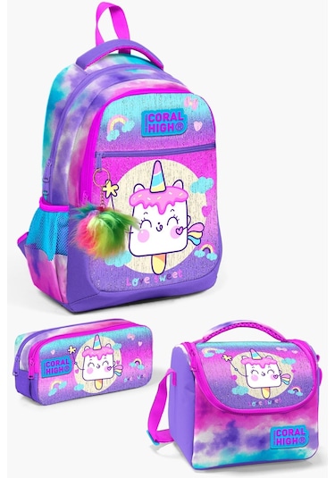 Coral High Kids Renkli Batik Unicorn Dondurma Desenli Okul Çanta Seti Set0123480