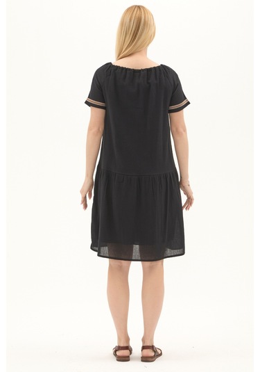 Şile Bezi Siyah Otantik Nakışlı Midi Elbise