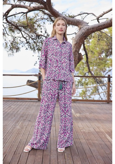 Monamise Kadın Desenli Önü Düğmeli Gömlek Yaka Alt Üst Takım 25017 Yeşil