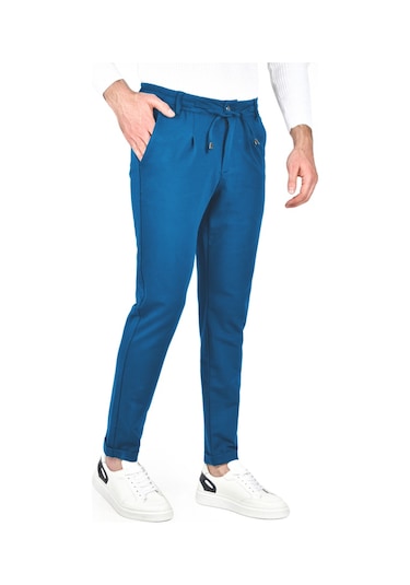 Deepsea Erkek Mavi Beli Lastikli Slim Fit Likralı Duble Paça Penye Spor Pantolon 2502385 Mavi