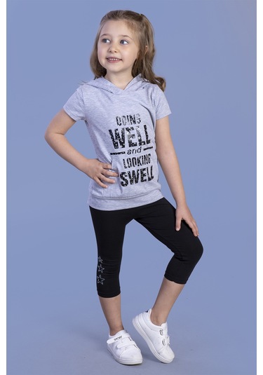 Toontoy Kız Çocuk Parlak Baskılı Kapüşonlu Kaprili Takım Gri Melanj