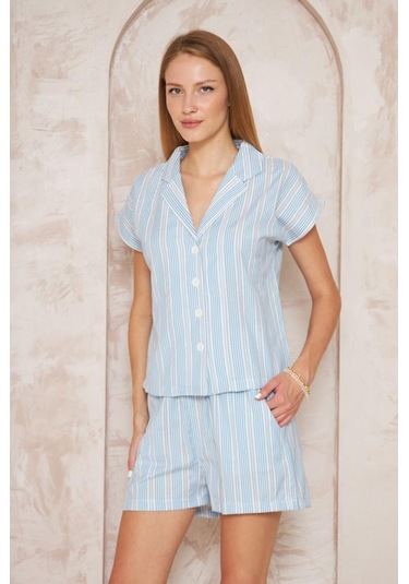 Kadın Özel Kumaş Ceket Yaka Beli Lastikli Kısa Kol Gömlek Cepli Şort Takım 3625290 Mavi-Beyaz