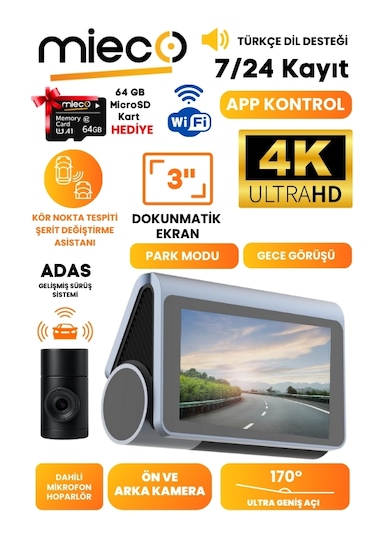 Mieco X8 Wifi /4K Uhd/ 170° Ultra Geniş Açı/ Kör Nokta / Adas/ Ön + Arka Araç Kamerası + Hafıza Kartı