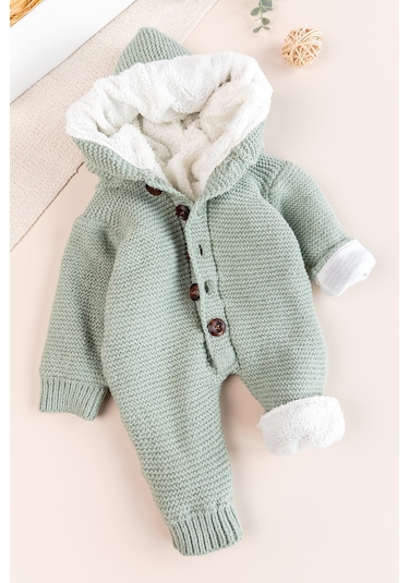 Triko Örme Welsoft Astarlı Kapüşonlu Kışlık Bebek Tulum Yeşil