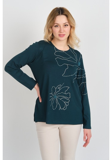 Detay Triko Kadın Boncuk İşlemeli Desenli Uzun Kol Anne Bluz 5737 Zümrüt Zümrüt