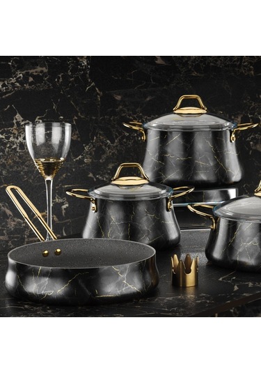Brioni Marble 7 Parça Siyah Mermer Tencere Ve Tava Seti
