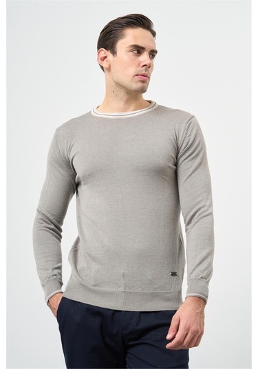 Gri Uzun Kol Düz Örme Bisiklet Yaka Classic Slim Fit Triko 1012245108 Gri