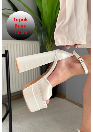 Preshley Kadın Elina Sedef Beyaz Tek Bantlı 15 Cm Platform Topuklu Ayakkabı